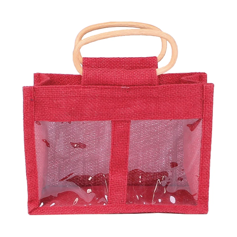 Custom Print Burlap Jute Jar Bag Wine Jute Bag Tote Red Color with Clear PVC Window