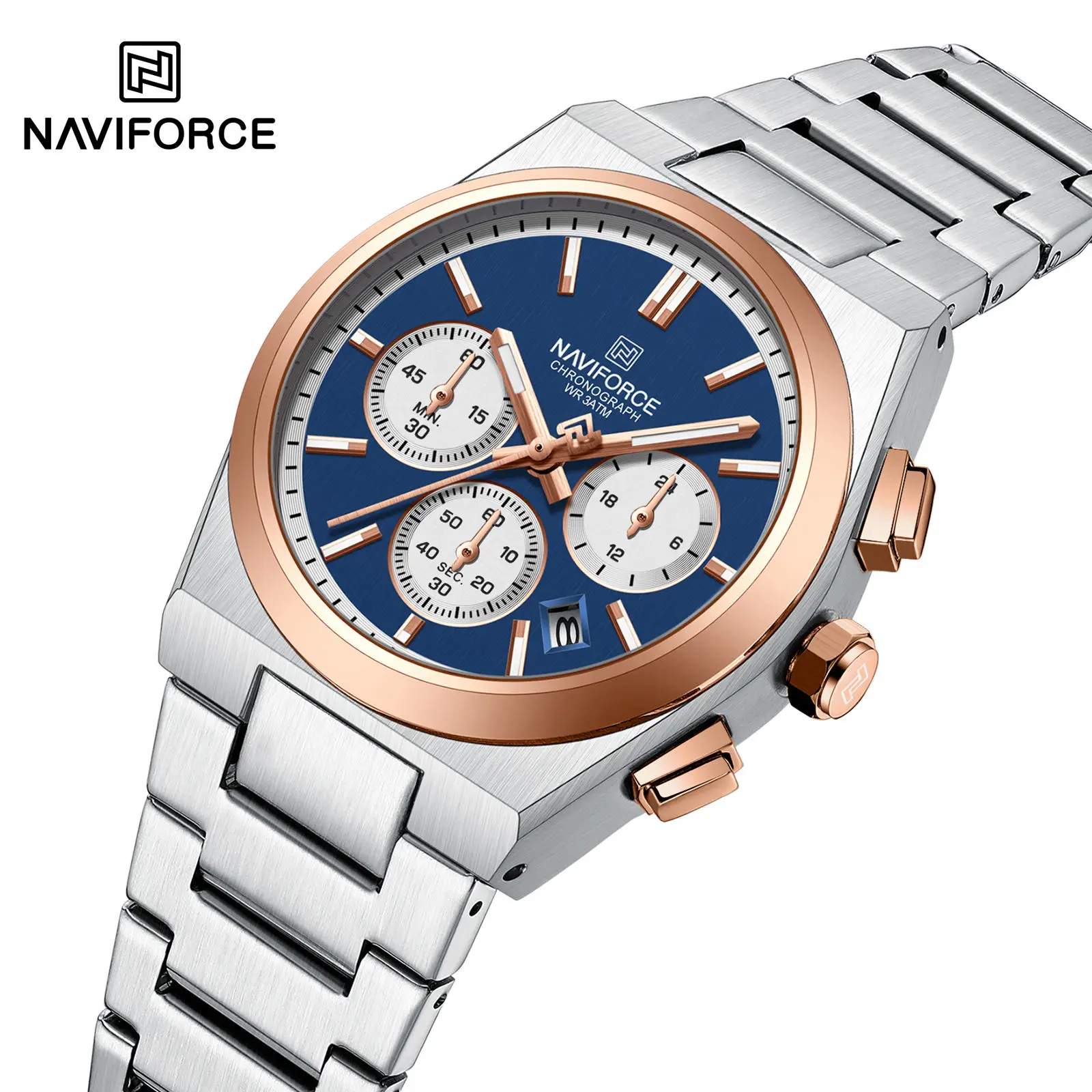 Модные кварцевые часы Naviforce NF8048 унисекс стильные со стальным ремешком на 3 циферблатах хронометр низкий минимальный уровень для отдыха Заводские