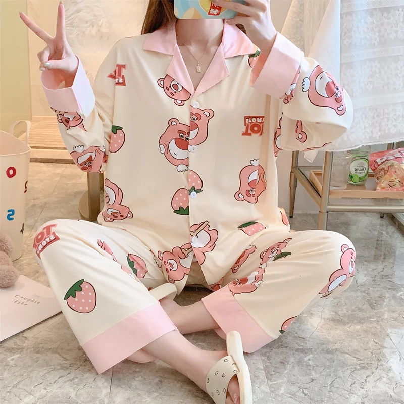 Hot selling Amazon Supplier ladies cartoon print milk silk whole pajamas long sleeve sleepwear women two piece sets