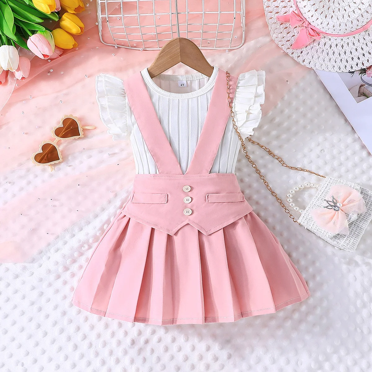2024 Hot Selling Boutique Children Clothing Wholesale Fly Sleeve T Shirt Suspender Pleated Skirt 2Pcs Summer Girls Clothes