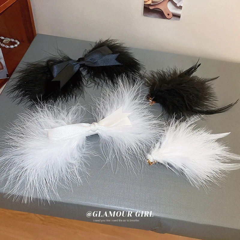 fashion quality white black bow boho feather hair clip