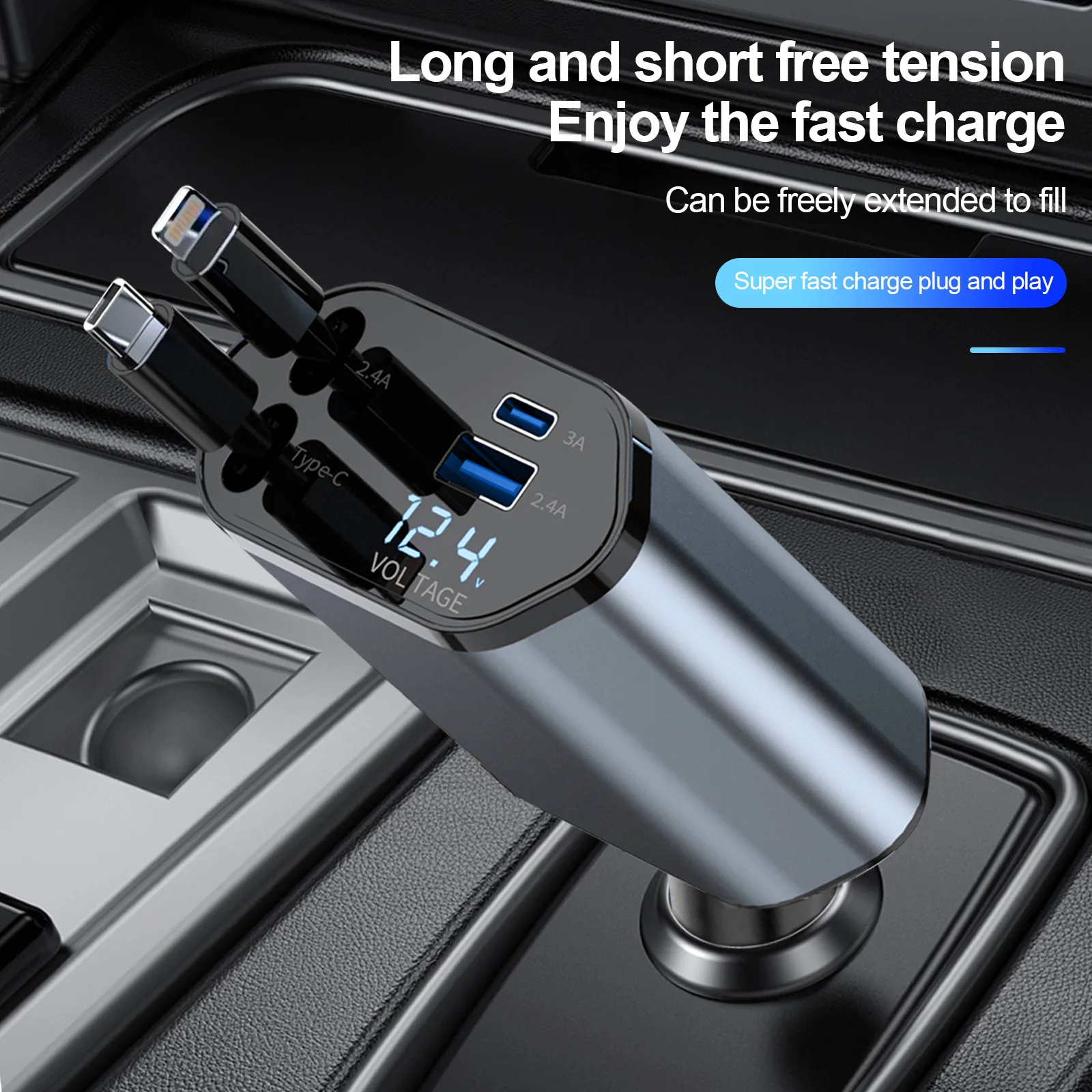 120W 4 in 1 Auto Super Iphone Phone Pd Mobile Universal Port Display Charging Retractable Usb Car Charger Type C Fast Adapter