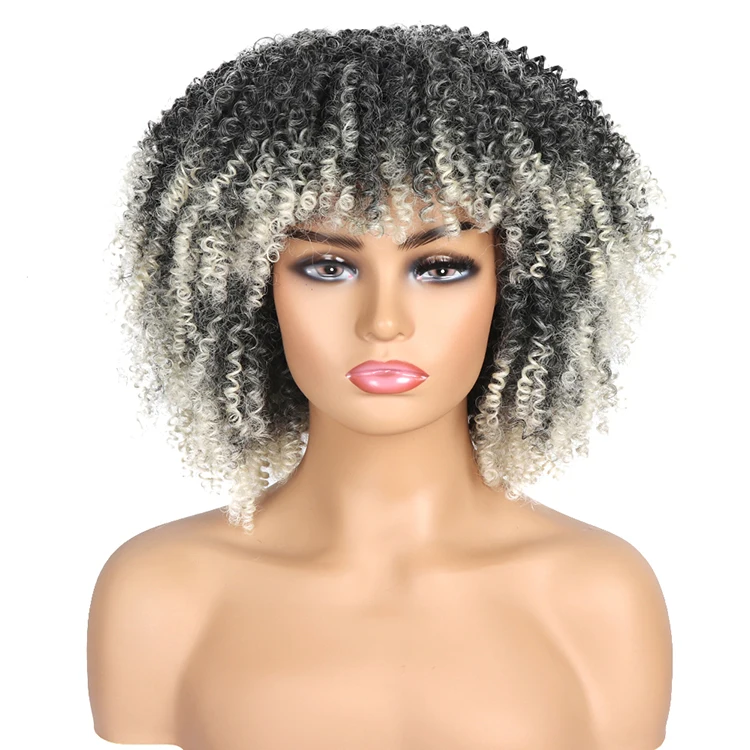 Short Hair Afro Kinky Curly Wigs With Bangs For Black Women African Synthetic Ombre Cosplay Wigs High Temperature