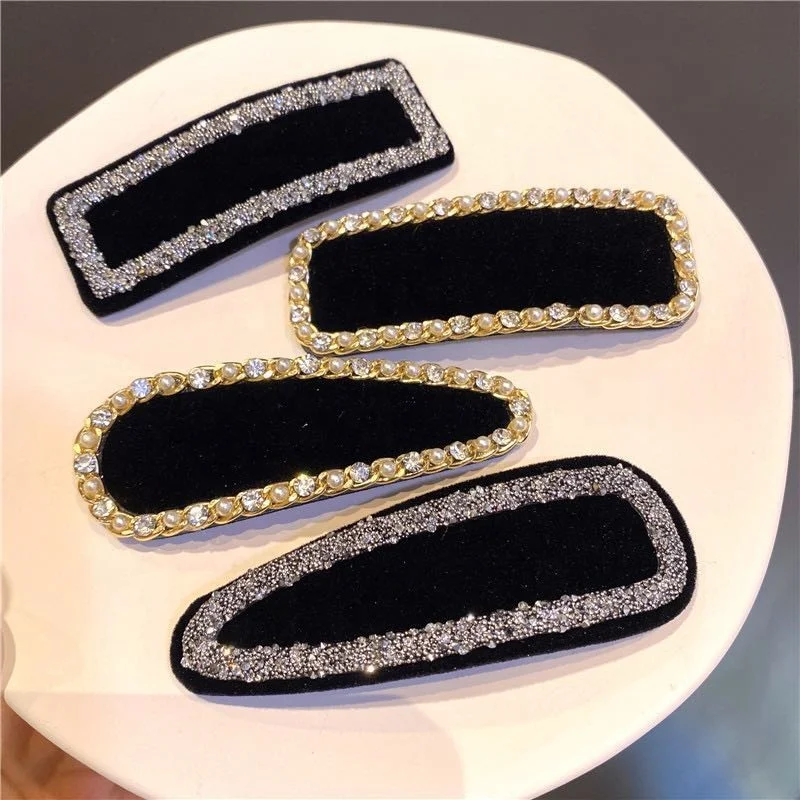 Винтажные черные хрустальные жемчужные камни заколки для волос Bling Rhinestone Бархатные боковые