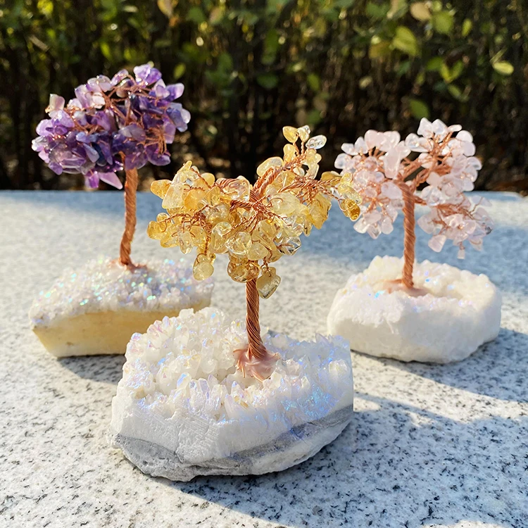 Natural Amethyst Aura Quartz Cluster Base Crystals Healing Stones Gravel Christmas Bonsai Crystal Lucky Tree For Decoration