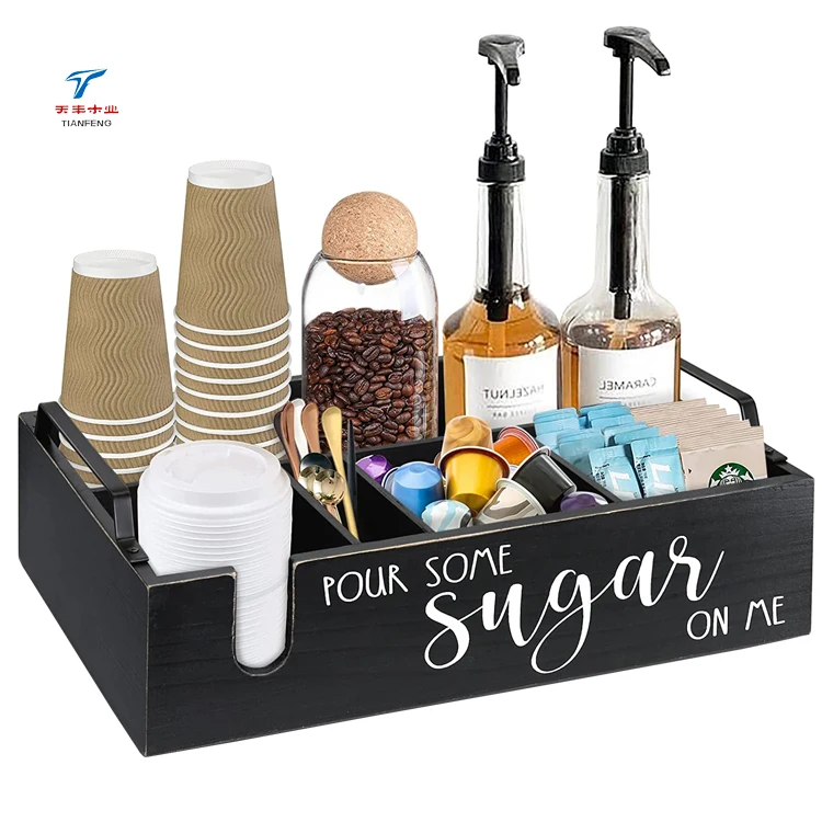 Custom Wooden Disposable Tea Cup Pods Holder Coffee Organizer Station with Handle for Countertop