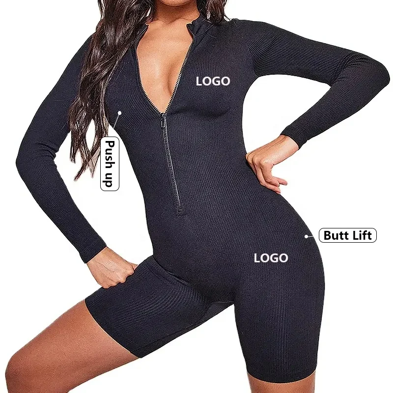 Customization Seamless One Piece High Waist Shorts Jumpsuits for Women Long Sleeve Front Zipper Bodycon Jumpsuits