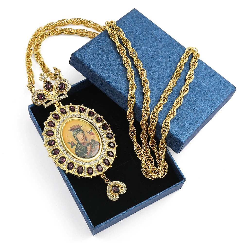 Gold Plated Luxury Religion Orthodox Pendant Necklace Greek Our Lady of Guadalupe Jesus Icon Necklace for Prist Church