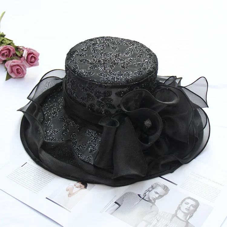 Classy Rhinestones Bling Church Hats Wedding White Organza Top Hat For