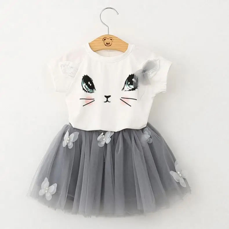 
100-140cm Girls Clothing Sets Summer Fashion Kids Cartoon Kitten Printed T-Shirts+Net Veil Skirts Set Cute Casual EAZ172 