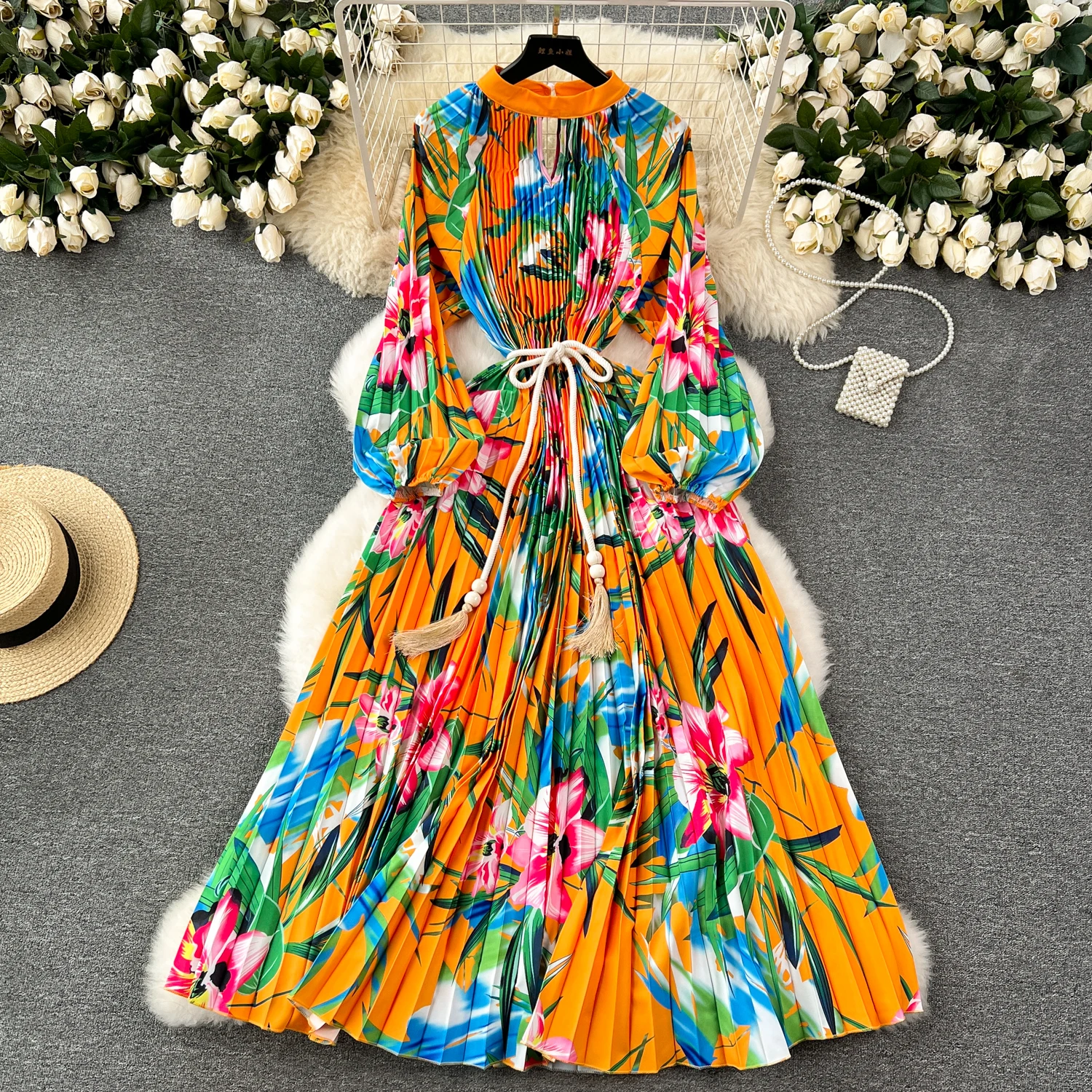 LE2522 Mature Loose Maxi Floral Print Dresses Woman Hollow Office Lady Belted Large Size Long Evening Dress Socialite Party Robe