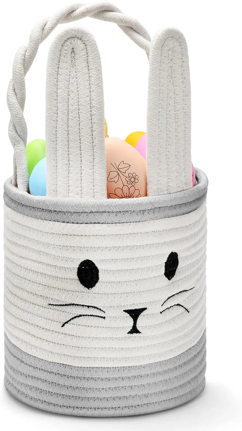 Hot-Sale Products Cute Bunny Ear Design Multi-Color Easter Gift Baskets Handwoven Cotton Rope Storage Baskets With Handles