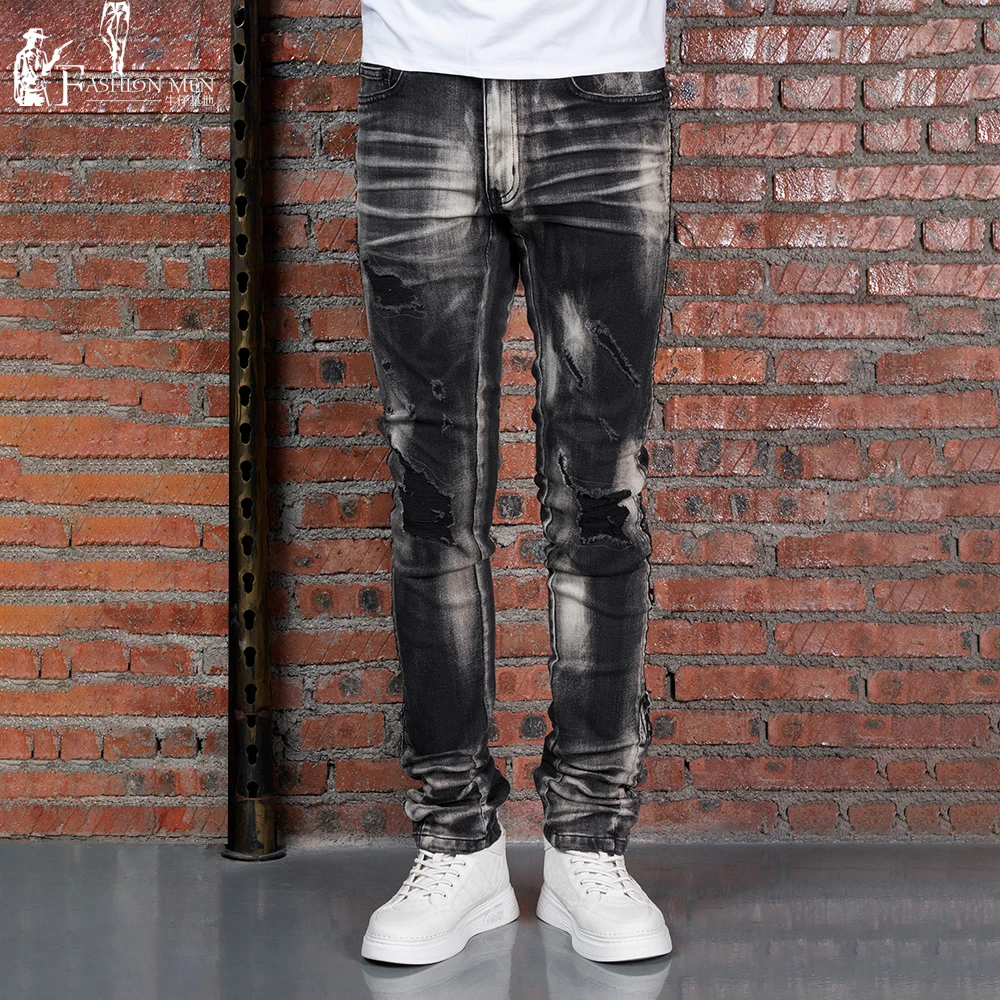 Hot selling products Black blue distressed stitched jeans Hip hop rock color contrast versatile Jeans
