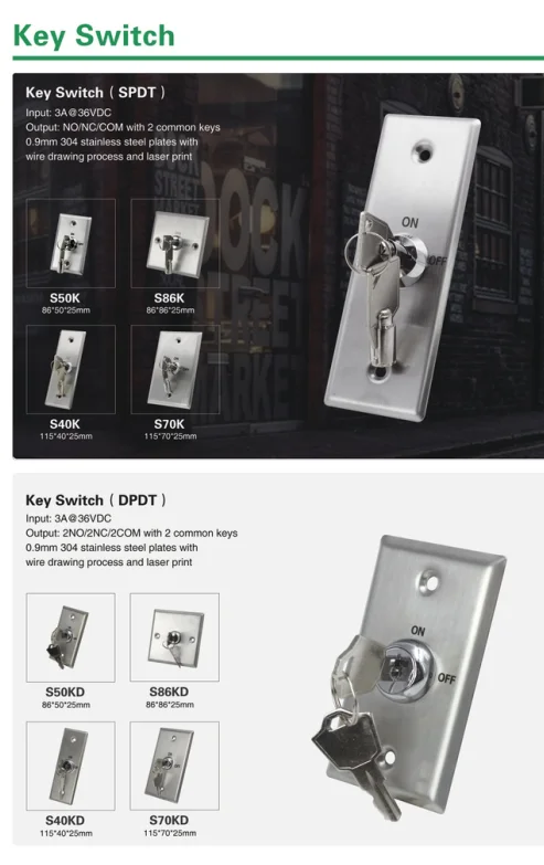 Stainless Steel DPDT Emergency Release Metal push button Key Switch for Access Control System Door Lock /gate and door operator