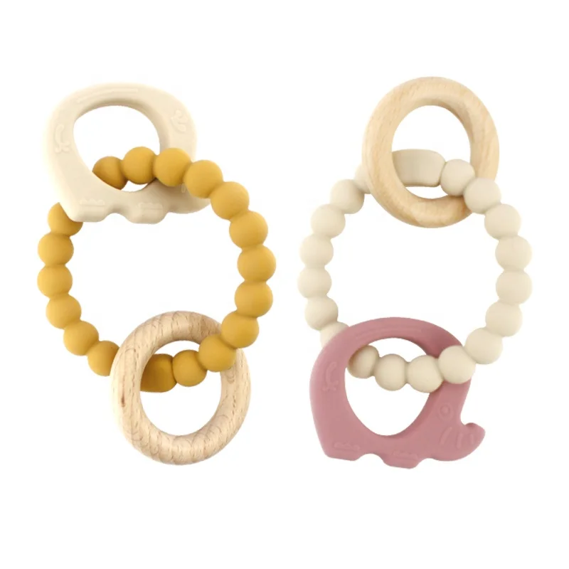 Wholesale Non-toxic Silicone Wood Ring Teether Baby chew Toys Silicone Elephant octopus whale Teething Toys For Baby