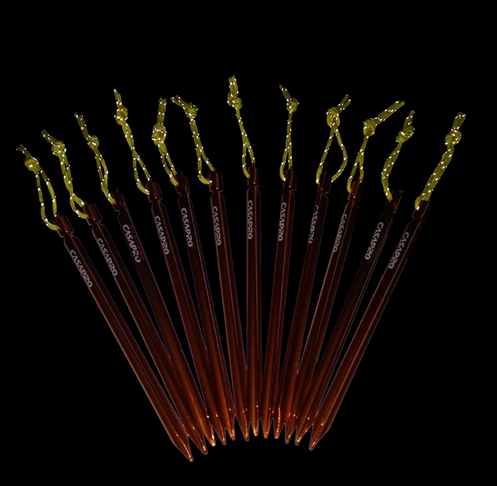 Hot sale Aluminum Tent Stakes Ultralight Y Beam Design with Reflective Pull Cords 12pcs Pack.
