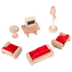 hot sale high quality 4 scene wooden doll house furniture accessories natural solid wood furniture toys