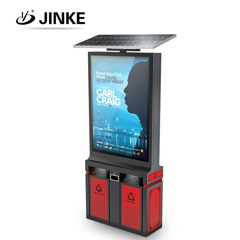 Double Sides Scrolling Picture Advertising Light Box with Trash Can, Street Side Solar Power Recycle Bin