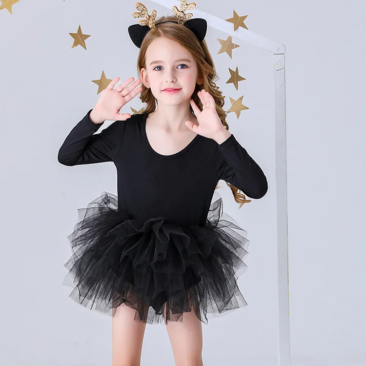 Girls ballet dress black long sleeved dresses party dancing multi-layer mesh customizable for daily holiday performance dresses