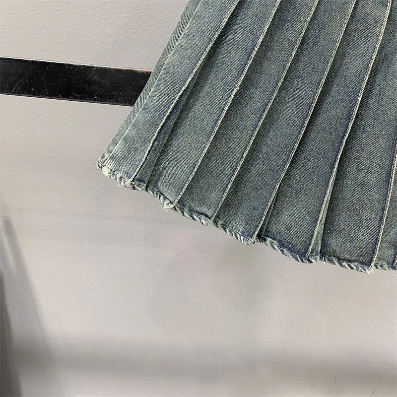 2024 Children Girl Blue Pleated Solid Denim Skirt 3-15 Years