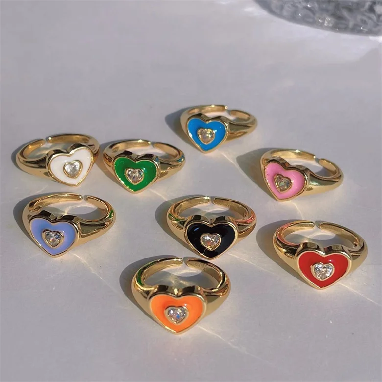 Minimalist y2k jewelry women stack colorful enamel heart zircon gold plated open adjustable finger band rings
