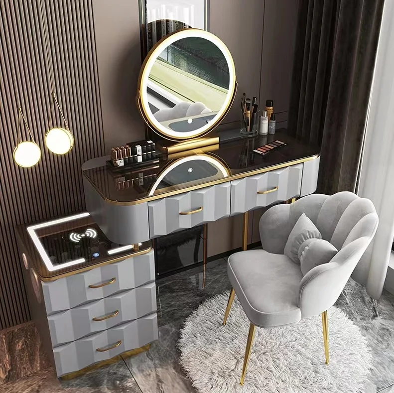 Modern Style Wireless Charge Furniture Vanity Makeup Dresser Set Design Metal Feet Bedroom Dressing Table With Led Light Mirror