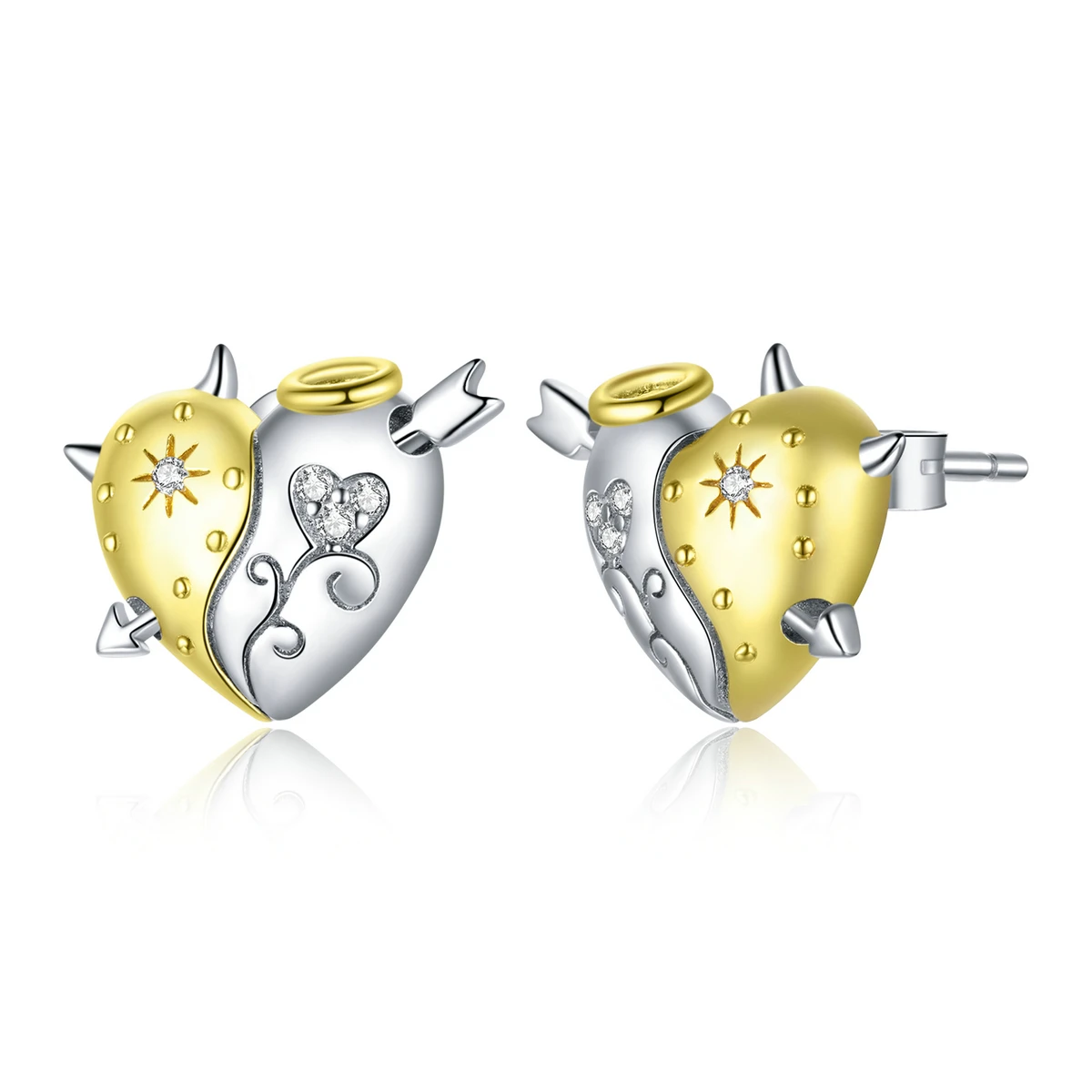 New Angel with Demon S925 sterling silver stud personalised electroplated diamond heart earrings SCE973
