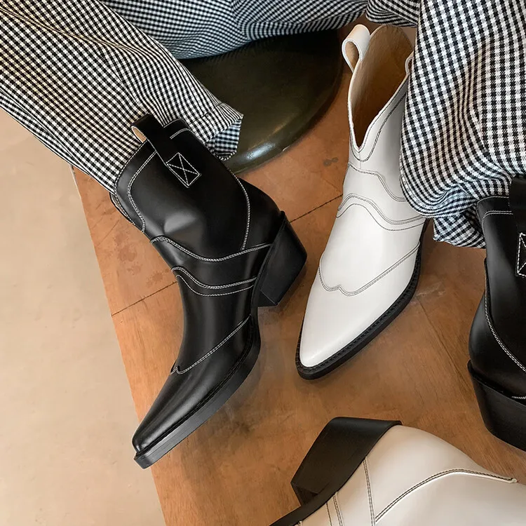 Cialisa White Autumn Winter Genuine Leather Designer Shoes Women Pointed Toe Chunky Mid Heels Ankle Boots Western Cowboy Boot