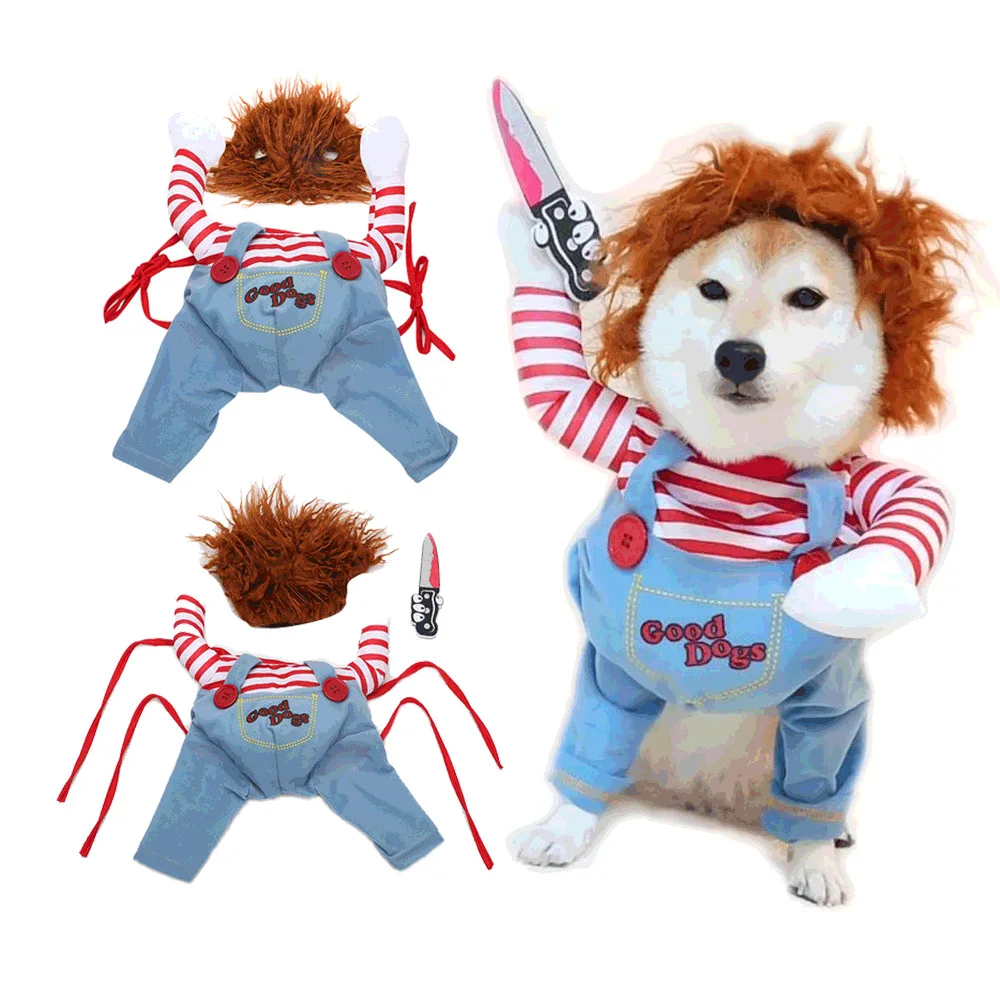 Hot Sale Dog Cosplay Funny Clothes for Pets Holding A Knife Christmas Halloween Dog Clothes Deadly Doll Dog Costume