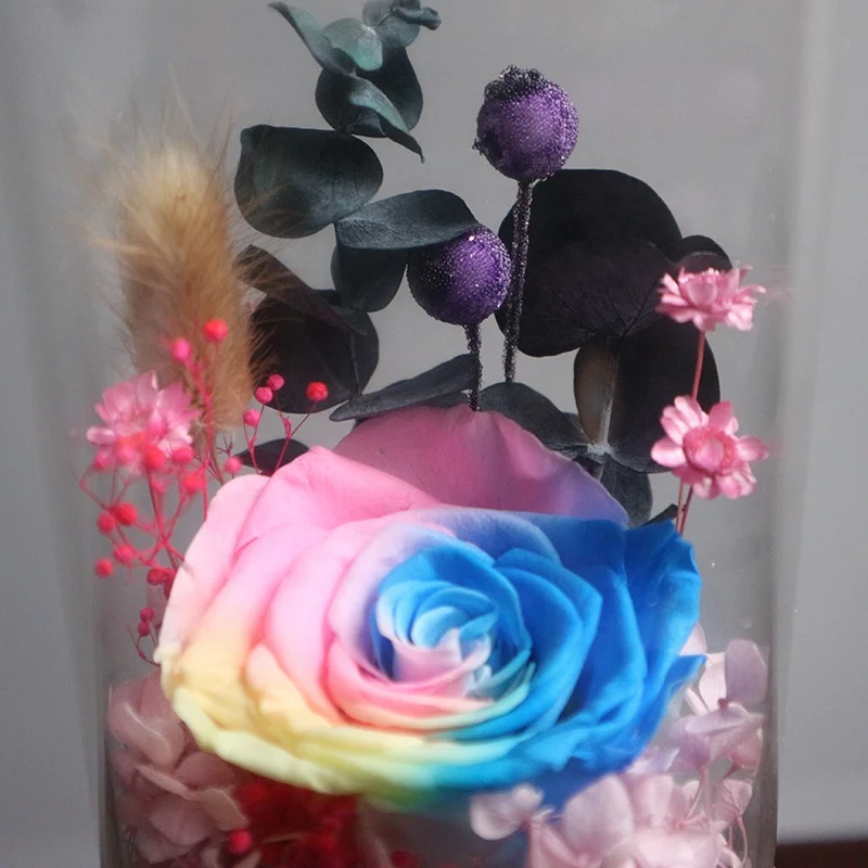 rainbow preserved rose flowers in glass wishing bottle with light in red colour single gift box wholesale for valentines