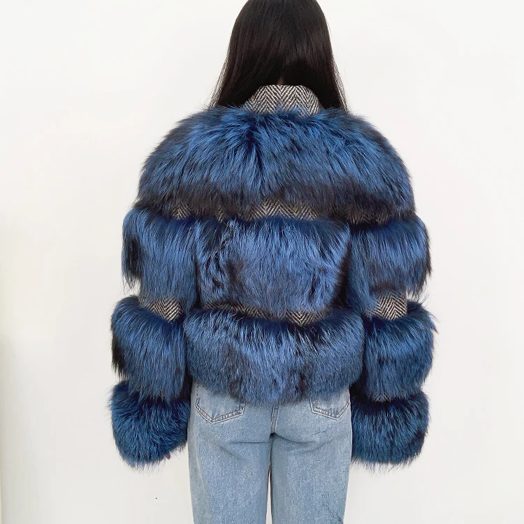 Fashion winter fluffy jacket luxury low price woman blue real fox fur coat
