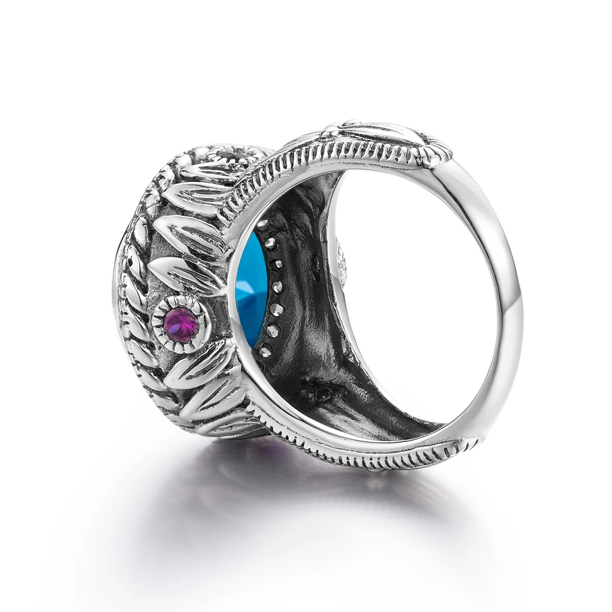 Vintage Turkish Large Blue Topaz Gemstone Exquisite Filigree Ring Wholesale Customization  Silver Rings Men Women