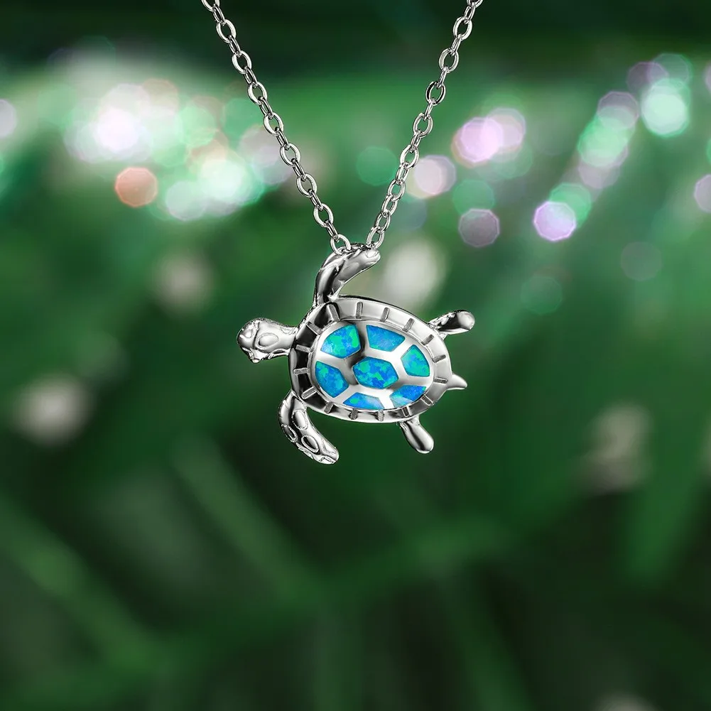 S925 Sterling Silver Statement Sterling Silver The Blue Sea Turtle Opal Pendant Necklace
