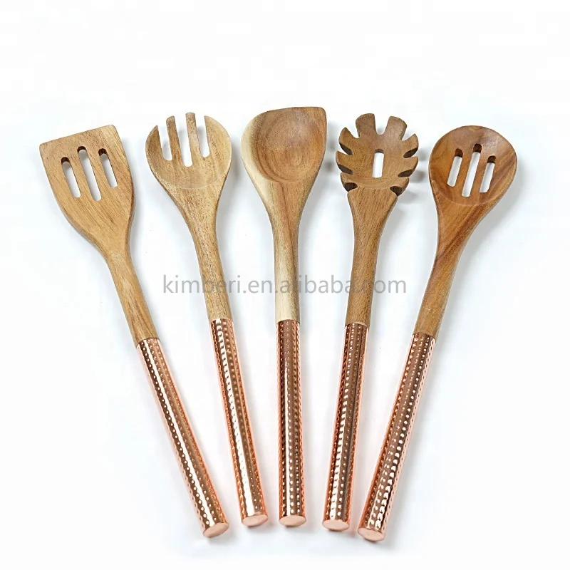 Housewares kitchen acacia wood kitchen utensil set with new hammered handle