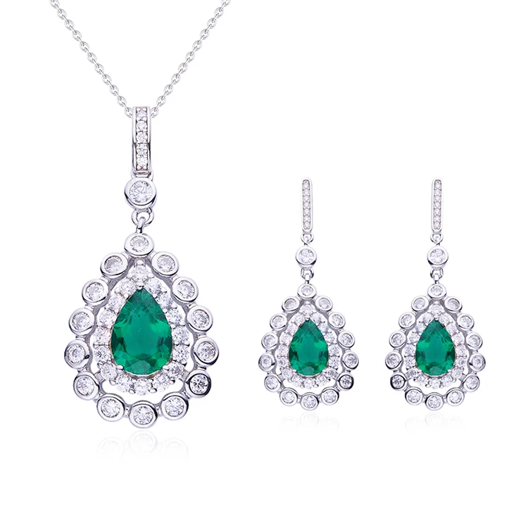 MEDBOO Fine Jewelry 925 Sterling Silver White Gold Plated 7.5CT Lab Grown Gemstone Diamond Necklace Emerald Earring Jewelry Set