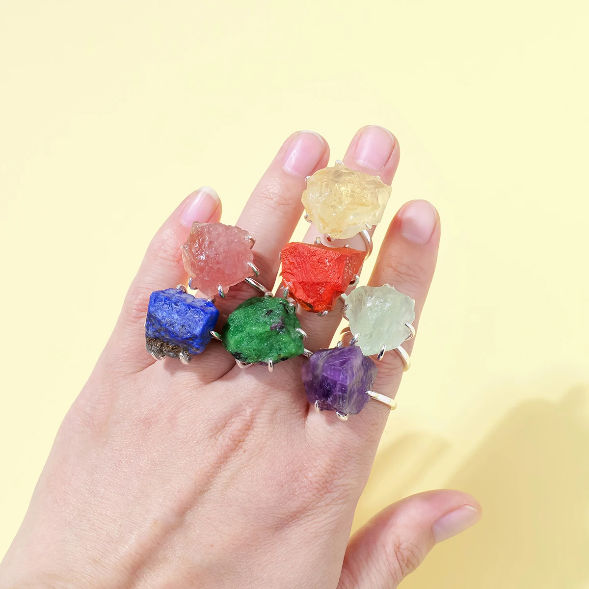 Wholesale selling natural crystal rough stone ring amethyst clear quartz citrine lazuli lapis fluorite irregular crystal jewelry