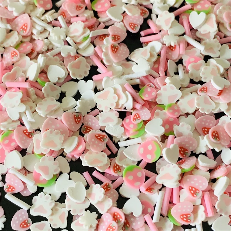 100g/bag Pink Heart Strawberry Mixed Slices Polymer Clay 3D Craft Slime Slices Diy Dolls for Mobile Phone Case Decorations