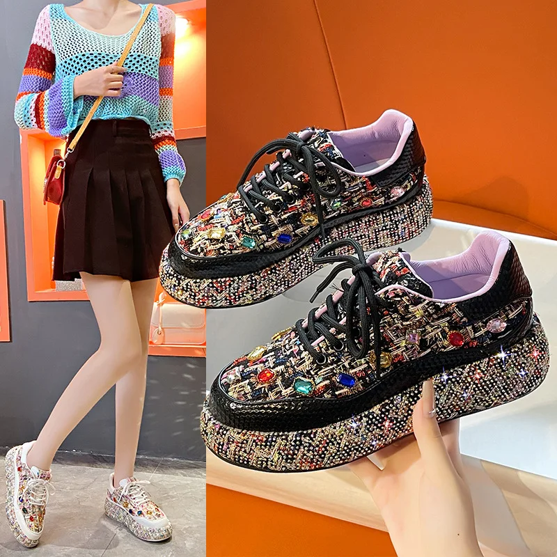 2024 new luxury ladies sequins trainers bling colorful board shoes flower rhinestones casual clunky sneakers for women