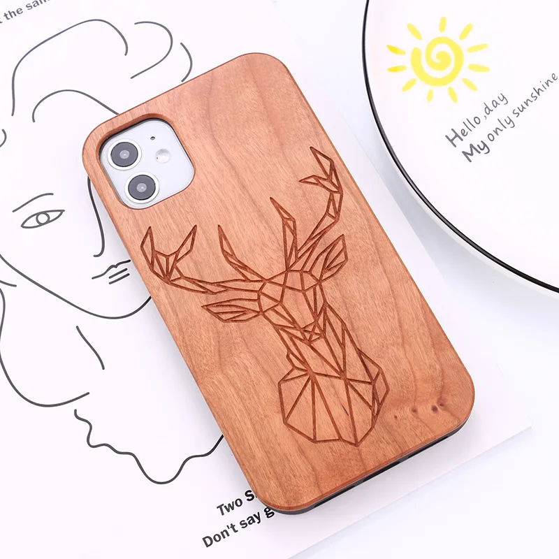 Hot on Amazon Animal carving painting wood phone case back cober for Iphone 12 High Quality factory outlet