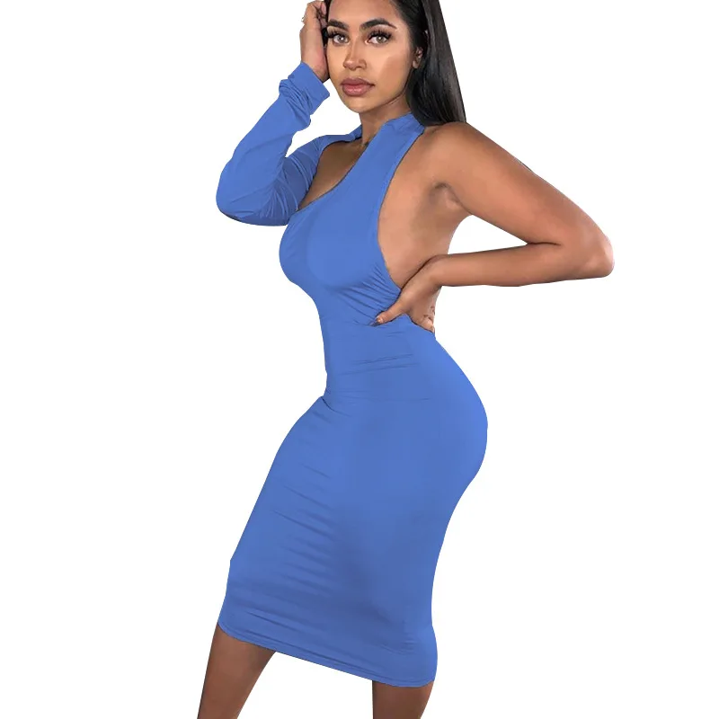 
Sexy Solid Color Beach Club Party Skinny Dress Women Single Side Long Sleeve Fashion Slim Dress 