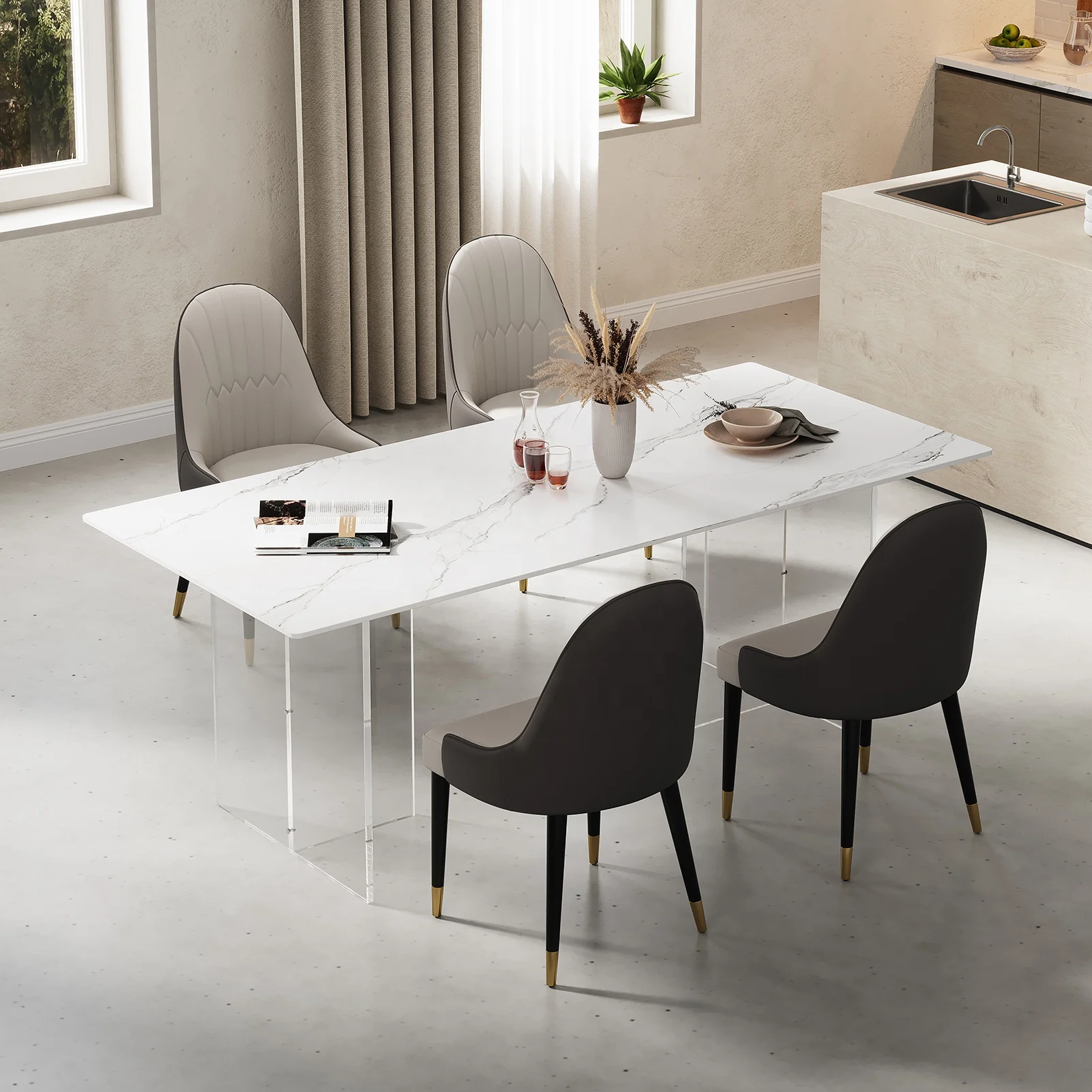 Modern simple luxury restaurant art furniture 4 or 6 people family dining table rectangular stone acrylic table