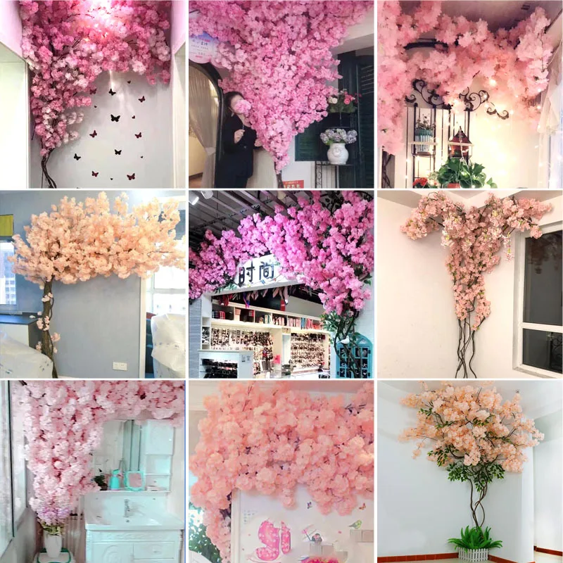 DIY Artificial Tree Flowers Cherry Blossom Branches with leaf for Wedding Decoration