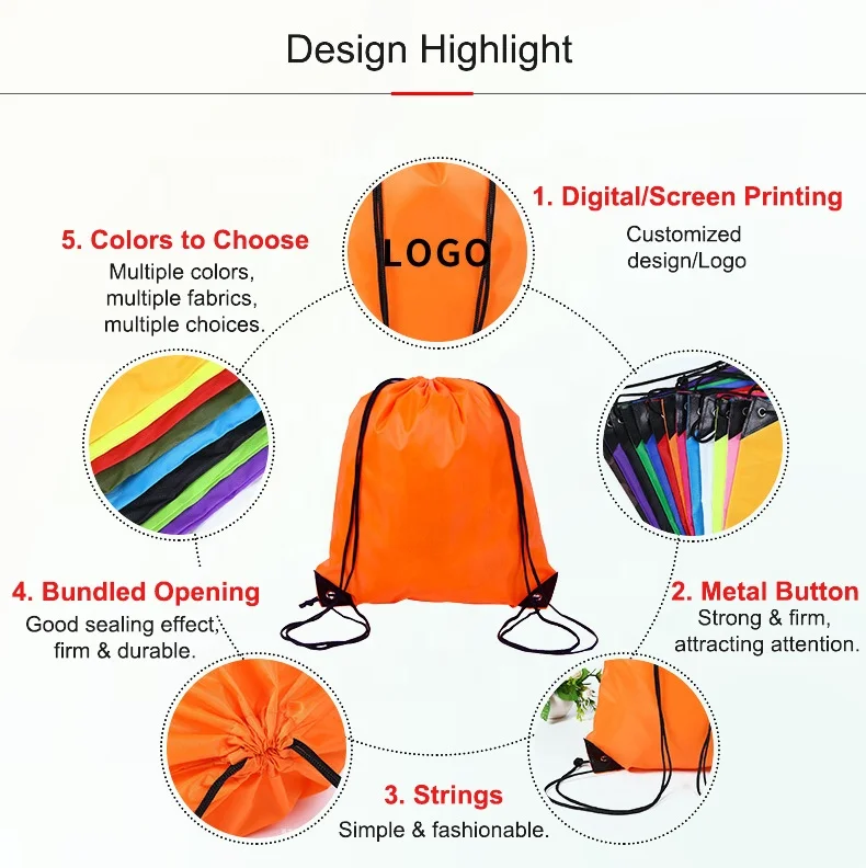 OEM Customized Logo Waterproof Drawstring Bag Gym Polyester Nylon Draw String Backpack for Sports