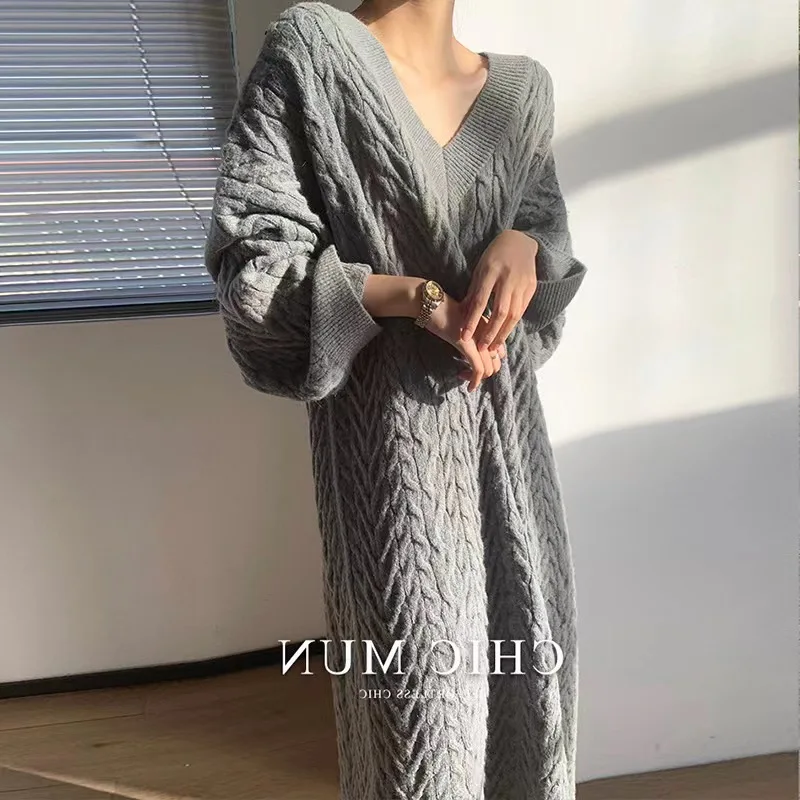 Autumn winter over knee long knitted dress female loose large size temperament V neck long skirt South Korea base sweater skirt