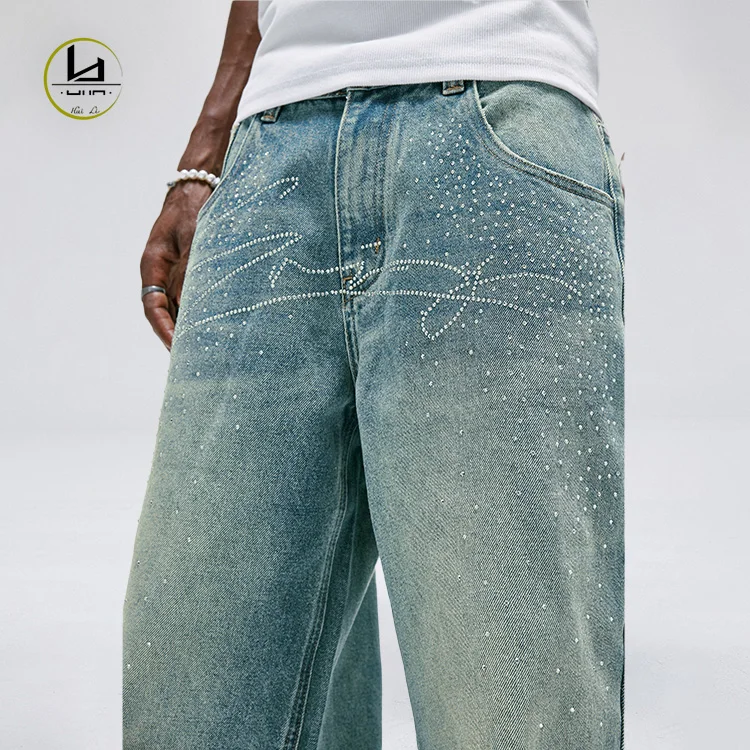 High Street Oversized Loose Diamond Denim Pants Custom Rhinestones Baggy Jeans Men Crystal Embellished Jeans