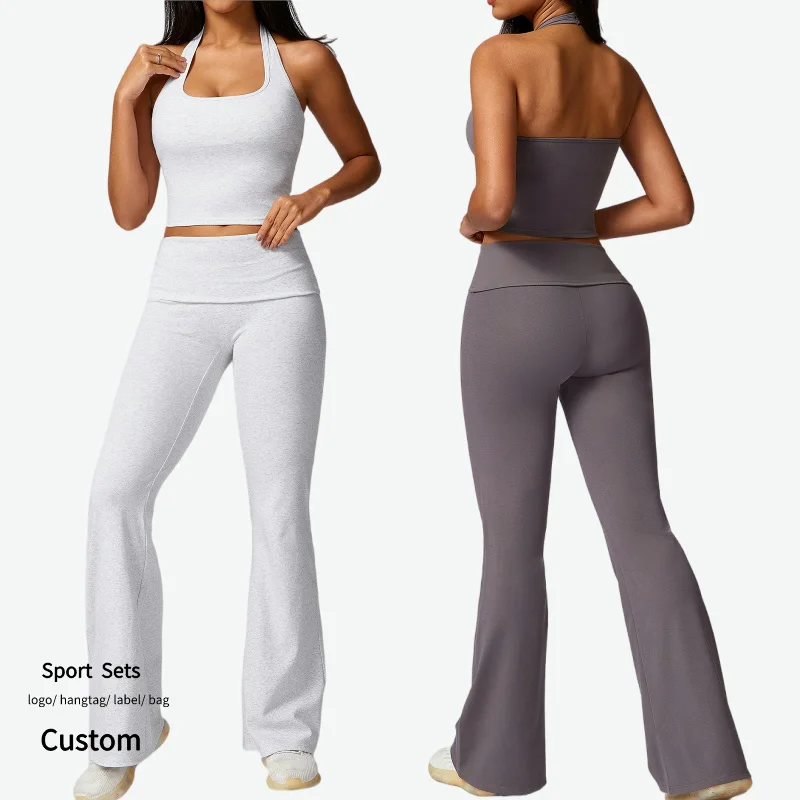 Wholesale Sleeveless Halter Tank Vest Crop Tops Flare Pants Sets Woman Gym Yoga Fitness Sets Custom Women Sports Workout Clothes