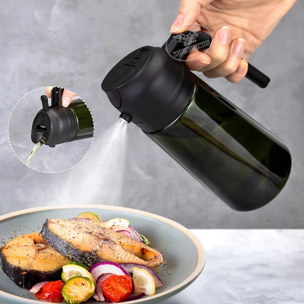 Custom Logo Dark Green 16oz Oil Dispenser Pourer Bottle 2 in 1 Kitchen Cooking Olive Oil Sprayer For Air Fryer Salad Barbecue