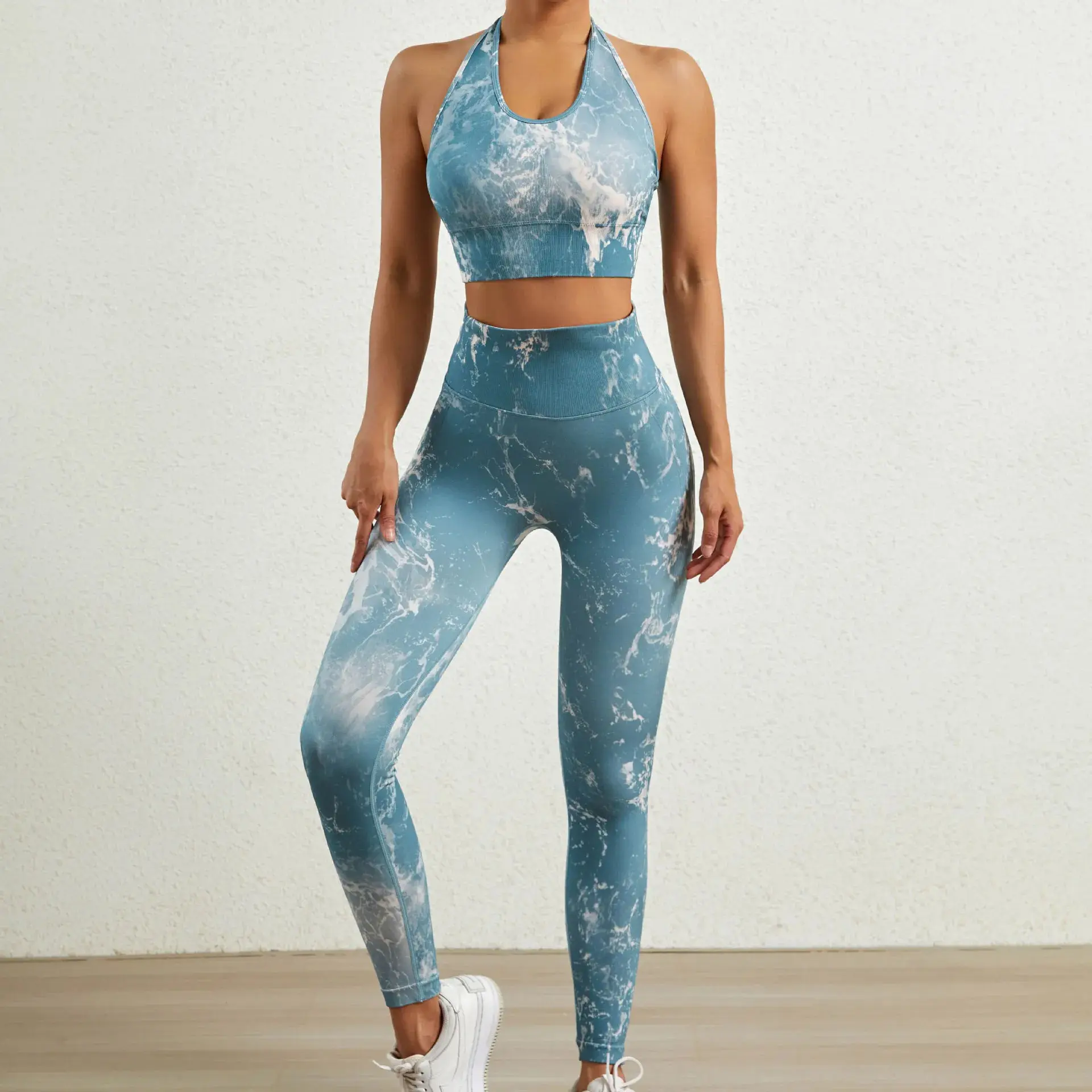 Hot Seamless Tie dye Yoga Sports Fitness Sets High Waist Hip Raise Trousers Beauty Back Bra Suits Women Workout Gym Leggings Set