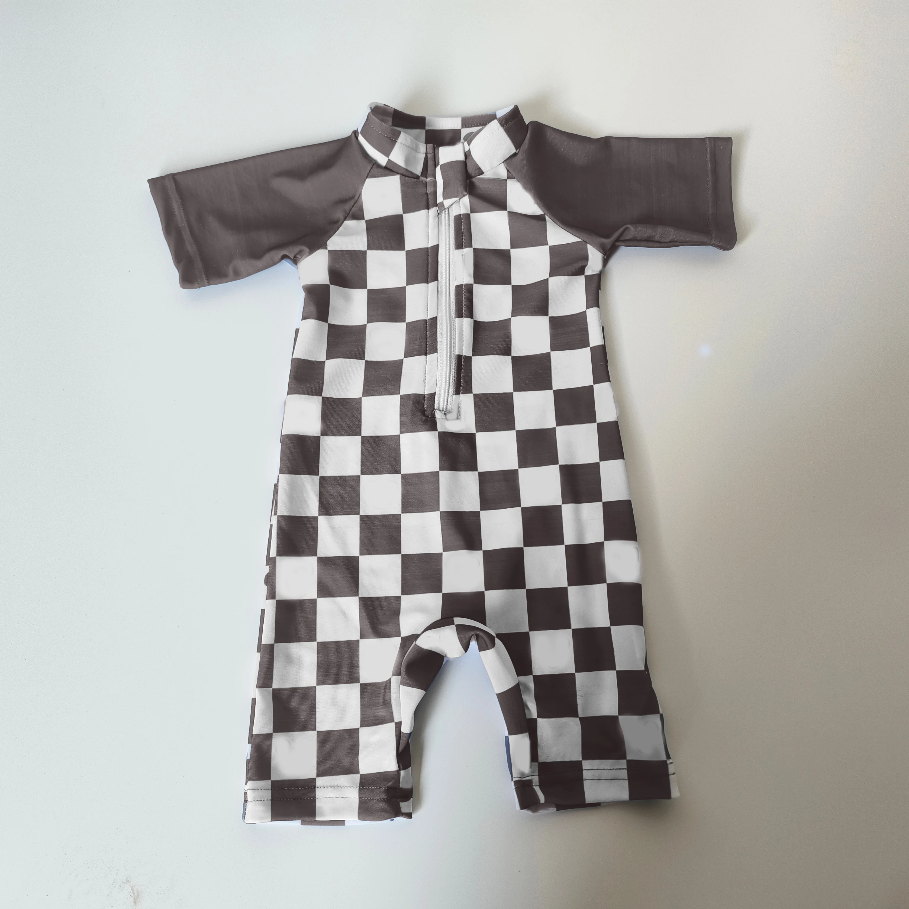 OEM Unisex Baby Summer Swim Wear One-Piece Short Sleeve Romper with Solid Color & Checkerboard Print Quick Dry Feature
