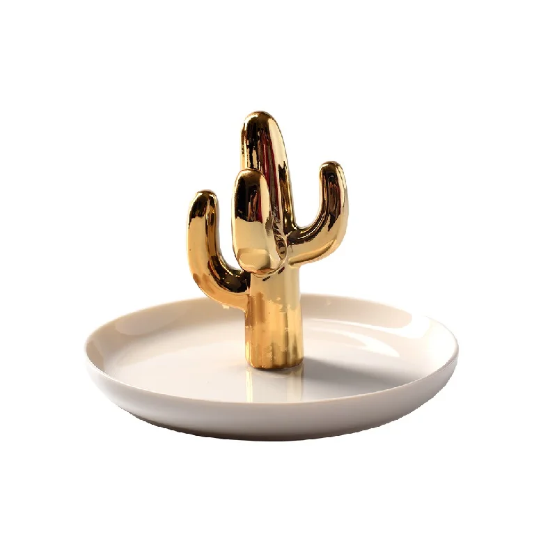 Nordic Cactus Ceramic Jewelry Dish Jewelry Display Tray Plate Ring Holder Home Decoration Ornaments Gold Plated Jewelry Tray